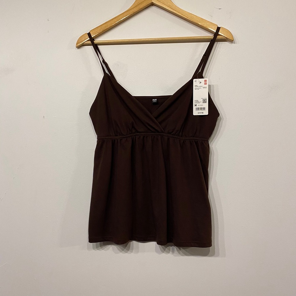 Uniqlo Womens Gathered Camisole Dark Brown Cotton Empire Waist Top Y2K M